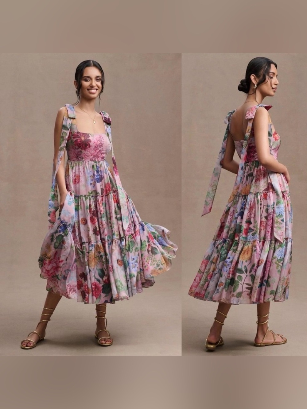 BHLDN Geisha Designs Isabella Floral Tiered Square Neck Midi Dress Size 10